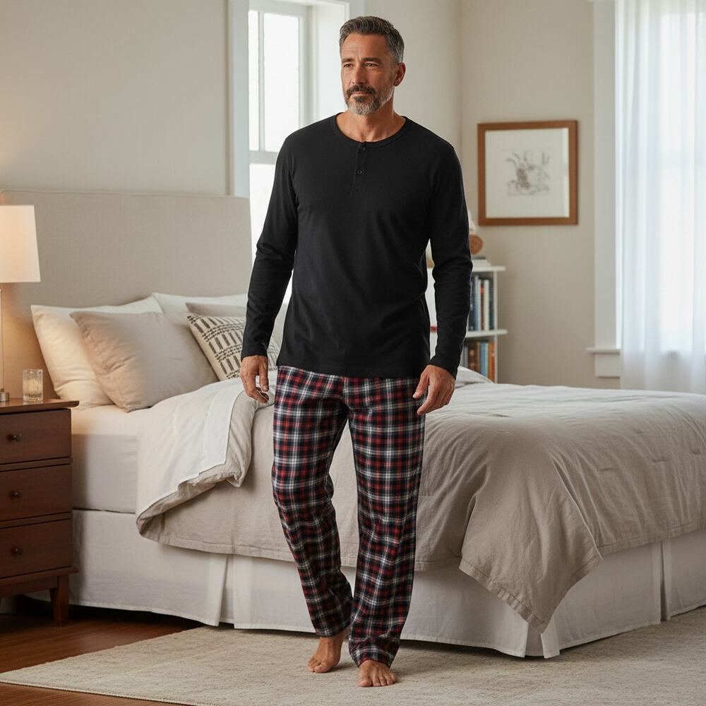 Merona Plaid Pajama Set Black Henley Top Mens Size L